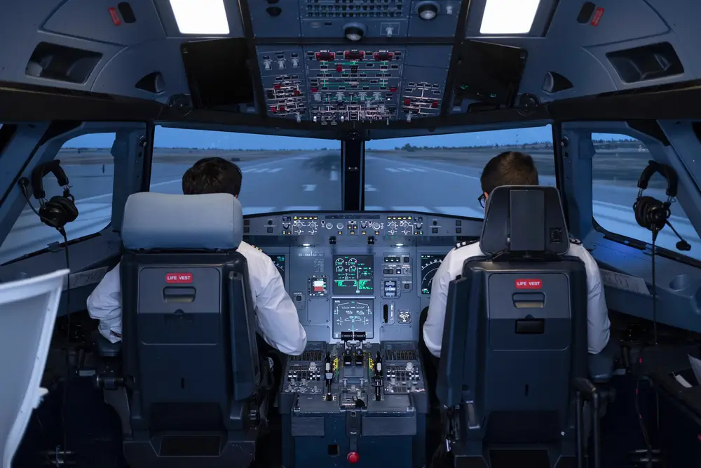 Trainee pilots in a cockpit during flight simulator pilot training, facing a digital runway view.