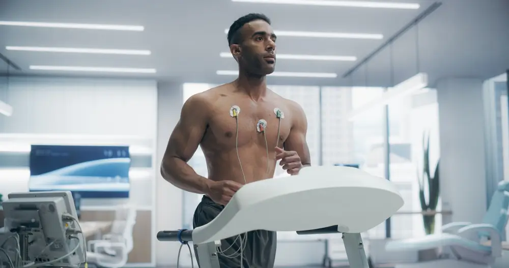 Shirtless man with electrodes running on a treadmill for beep test fitness training in a high-tech sports facility.