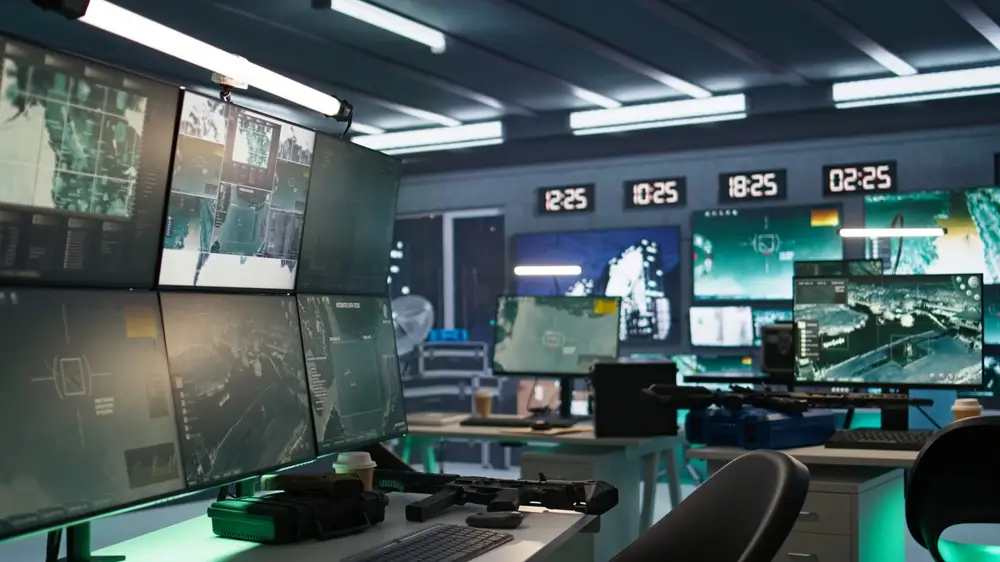 Military headquarters command center with digital mapping screens, global clocks, and tactical equipment on desks.