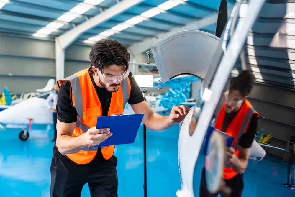 Technician with a clipboard inspecting an aircraft in a modern aviation engineering workshop hangar.